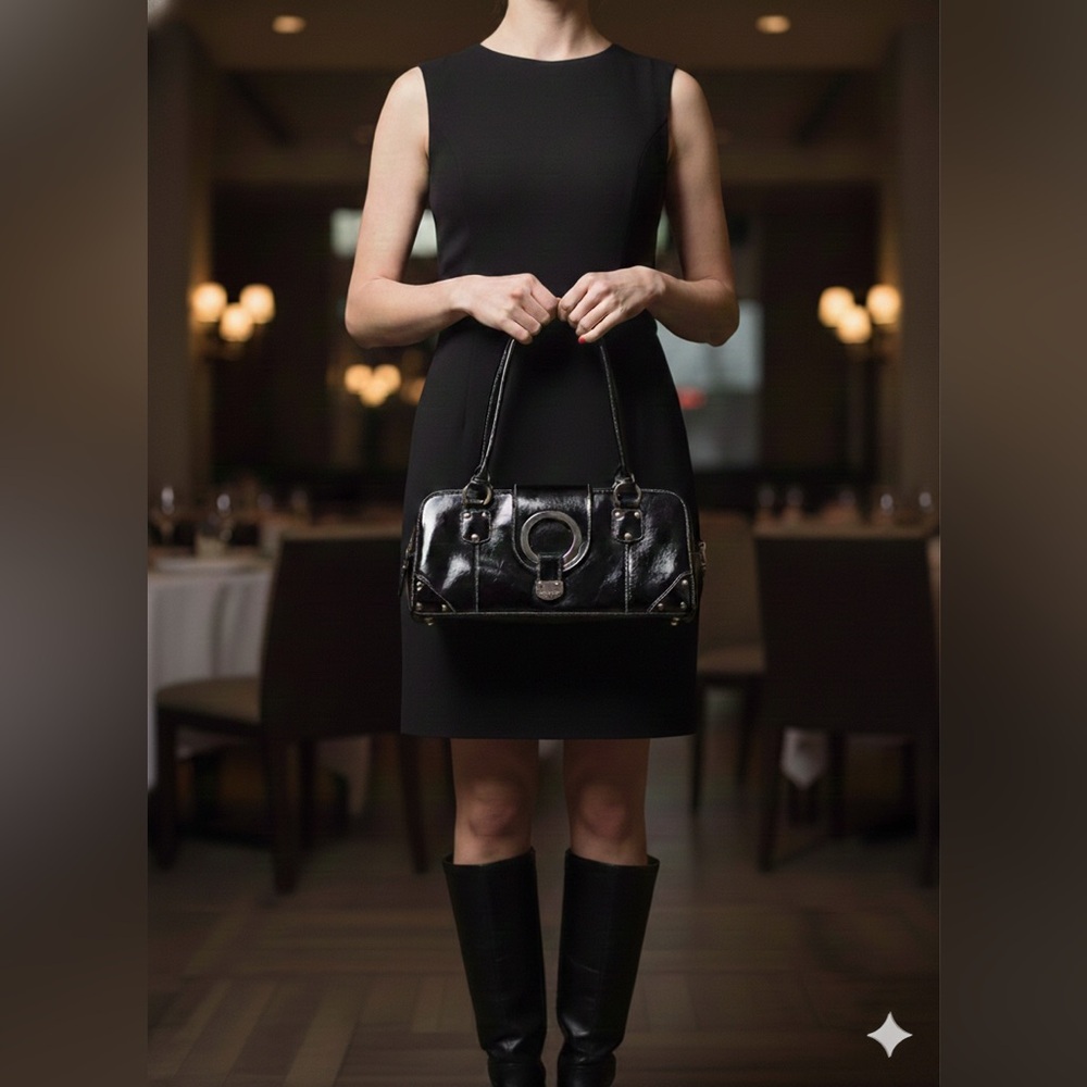 Mimicci Black Patent Leather Shoulder Bag Silver Hardware Y2K